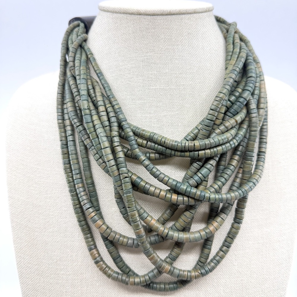 Multi-Strand Green Wood Bead Statement Necklace Chunky Layer Boho Festival Chic
